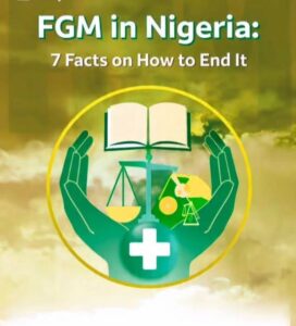 Illustration of book and scales of justice icons representing education and legal action to end female genital mutilation.