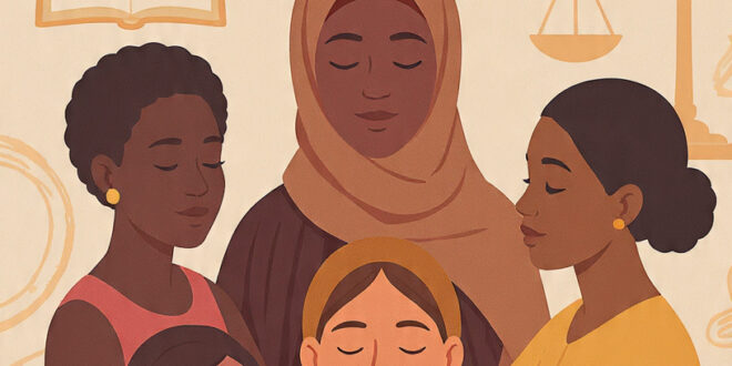 Illustration of diverse Nigerian women and one girl holding hands in a protective circle under the text "FGM in Nigeria: 7 Fact on How to End it"