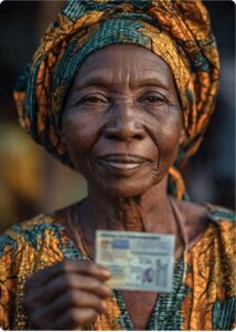 Close-up of a Nigerian woman's hands holding up her PVC at Eke Awka market, ready for the 2027 election
