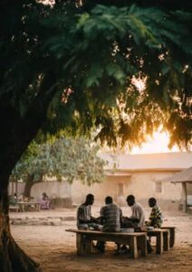 Extended Nigerian family sitting together in compound community