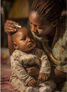 Nigerian nursing mother checking newborn baby temperature during rainy season