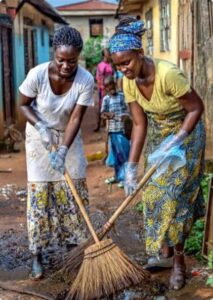 Mothers cleaning the gutter