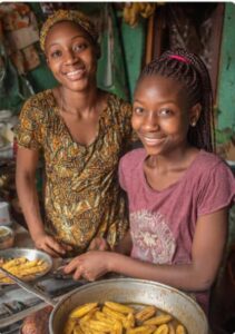 Nigerian mother teaching her daughter to fry plantain during long Vacation in Nigeria