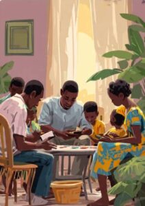 Nigerian parents and children doing reading and board games instead of phones during long Vacation