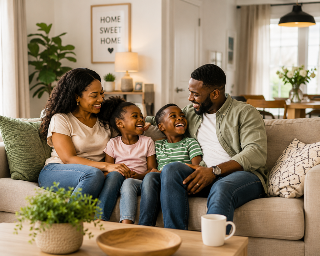 Mother, father and their two children in a happy home.